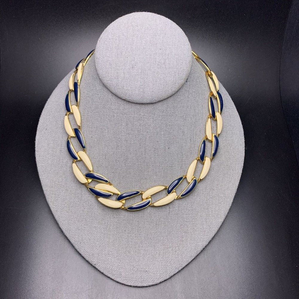 Enamel Link Collar Necklace Blue Cream Enamel Gold Tone Classic 17 Inch Vintage